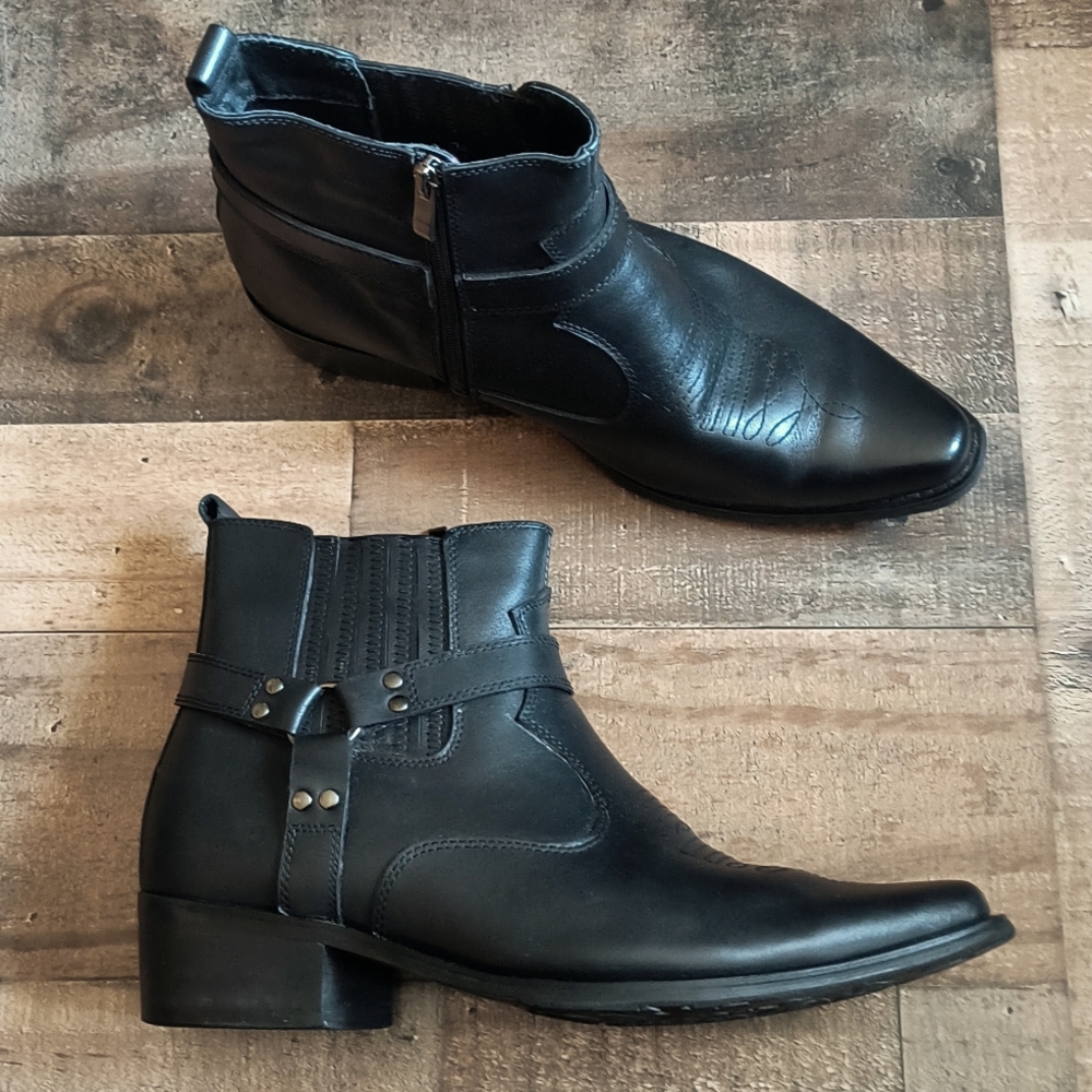 Calto Height Increasing 3.3" Elevator Black Leather Harness Western Zip Up Boots